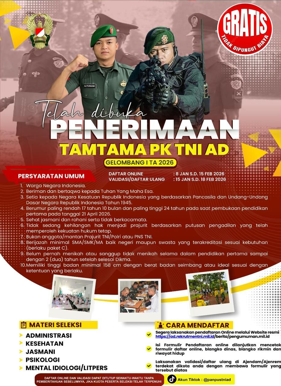 PENDAFTARAN TAMTAMA PK TNI AD GELOMBANG I TA 2026