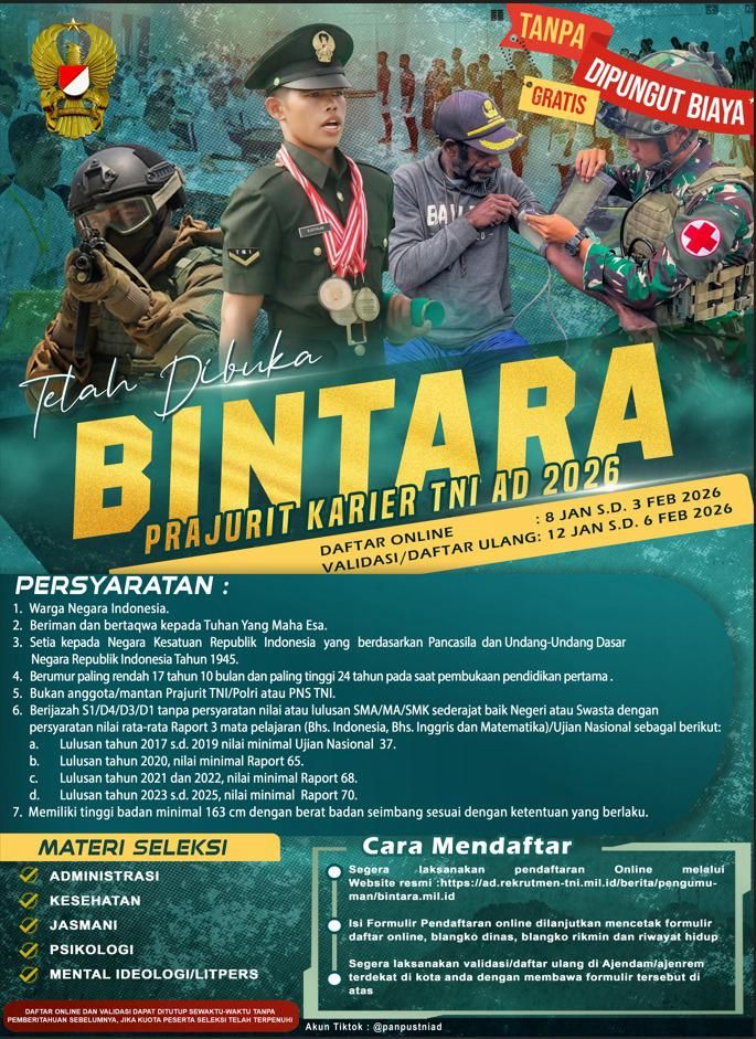 PENDAFTARAN BINTARA PK TNI AD GELOMBANG I TA 2026